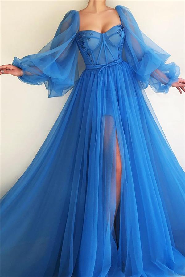 Dresseswow Ocean Blue Long Sleeve Tulle Prom Dress Slit Evening Party Gowns