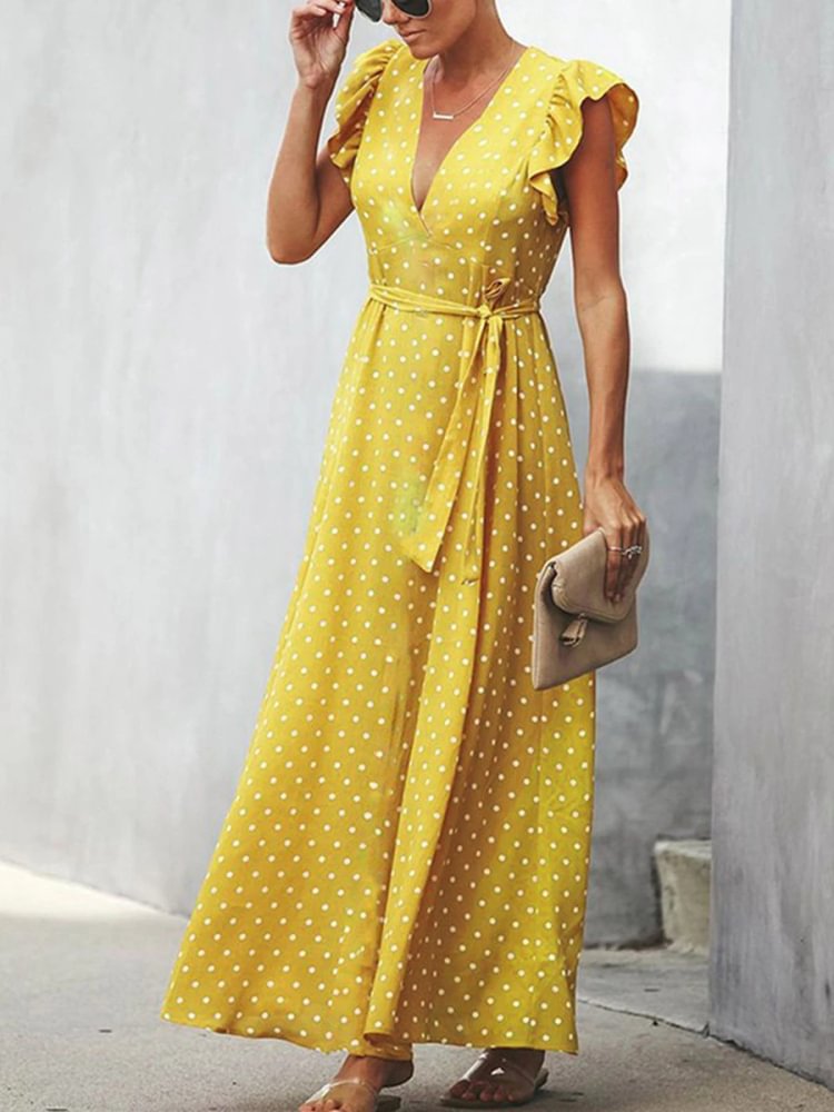 V-neck Ruffle Sleeve Wrap Maxi Dress P16305