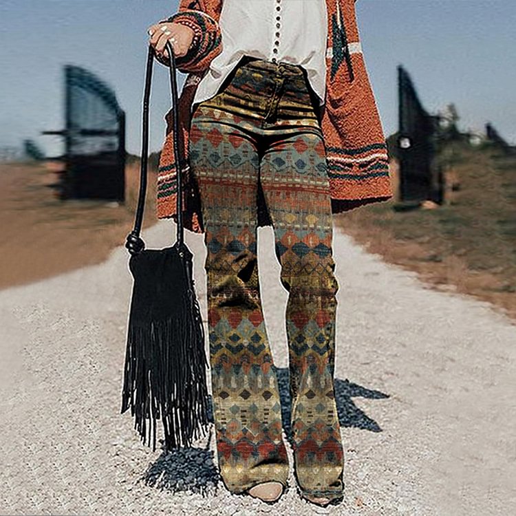 Western Vintage Print Faux Denim Flare Pants