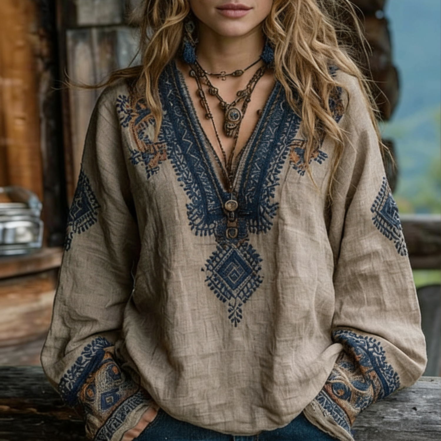 Linen Women's Boho Embroidered Long Sleeve Shirt With Deep V-Neck And Lace Trim - Helixace