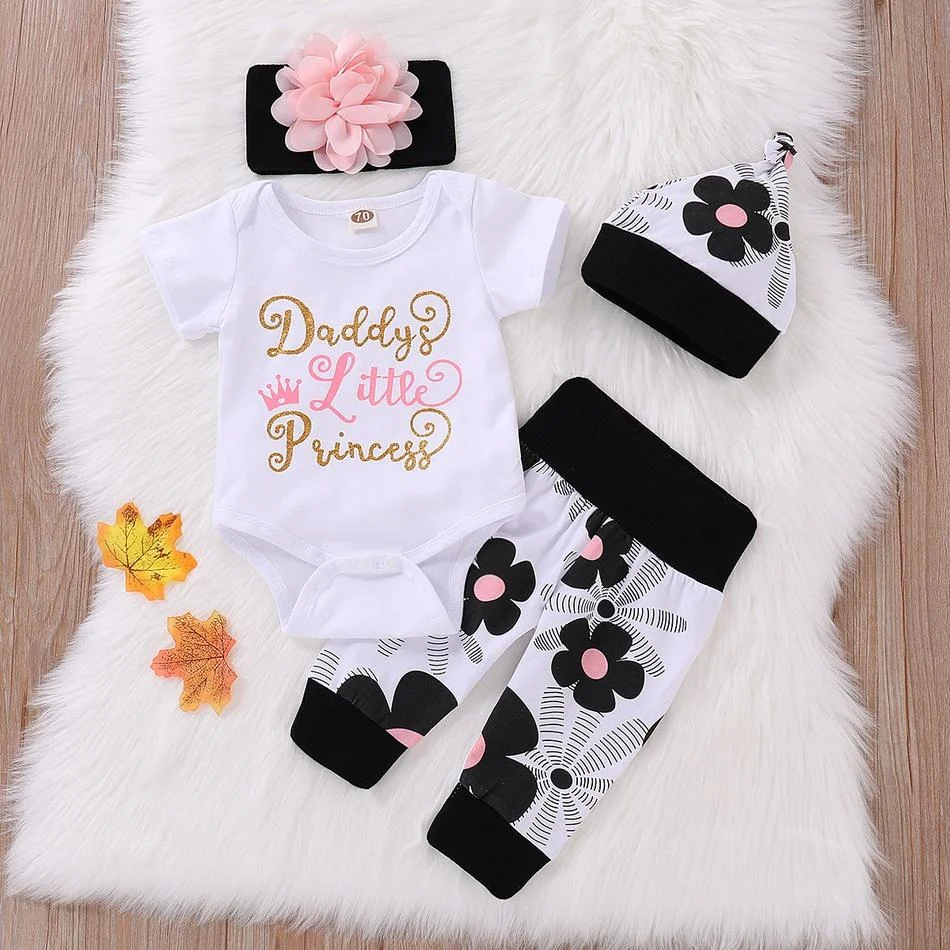 4PCS Letter Print Bodysuit Floral Print Pants Baby Set