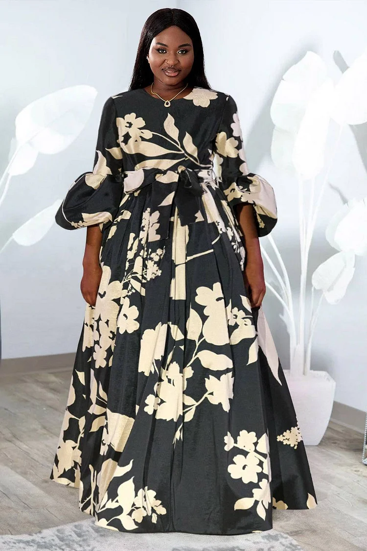 Plus Size Evening Maxi Dresses Elegant Black Floral Crew Neck Lantern Sleeve 3/4 Sleeve Maxi Dresses [Pre-Order]