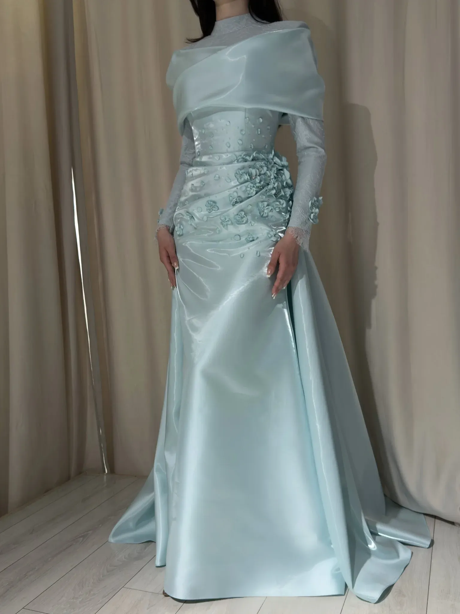 Lussooy Noble Ice Blue Satin High Neck Long Sleeves Evening Dress With Applique