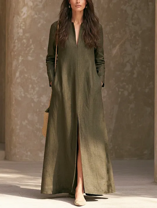Women's Casual Dark Green Cotton-linen Long-sleeved Maxi Dress MD