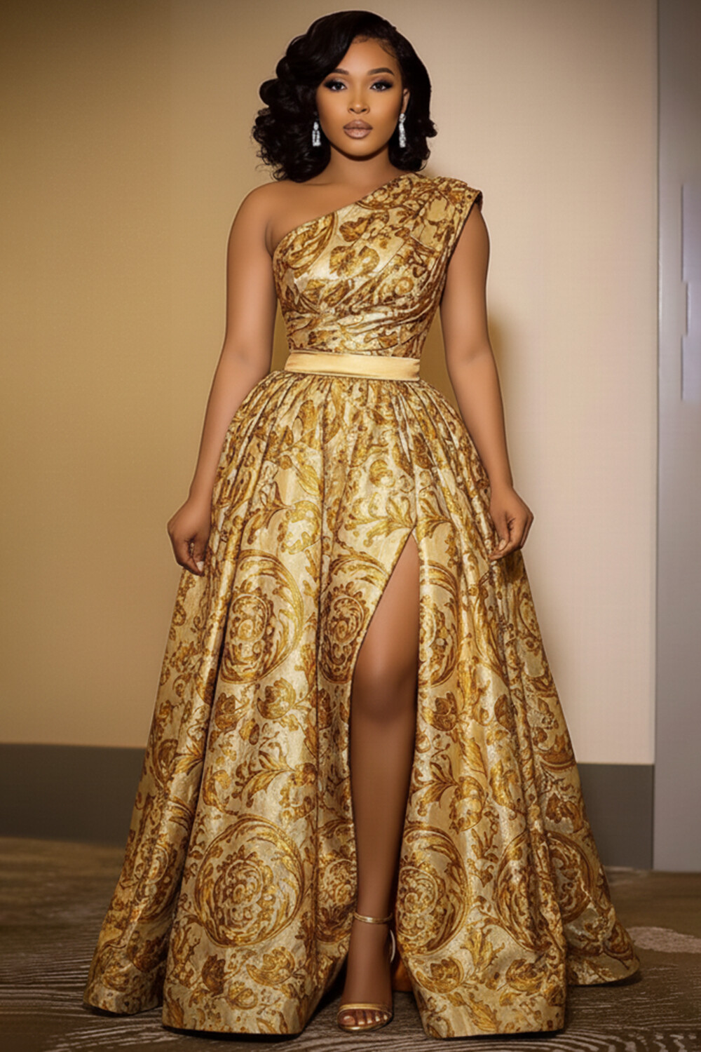 One Shoulder Sleeveless Tribal Pattern Party Gold Maxi Dresses One Shoulder Sleeveless Tribal Pattern Party Gold Maxi Dresses