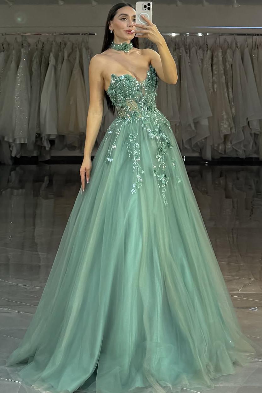 Lussooy Dusty Sage Exquiste Tulle Strapless Sleeveless A Line Long Prom Dress with Appliques