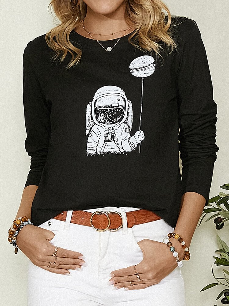 Cartoon Astronaut Print Long Sleeve O neck Casual T shirt For Women P1806522