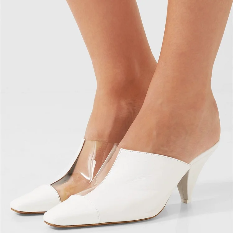 White Square Toe Cone Heel Clear PVC Patchwork Mules for Women |FSJ Shoes
