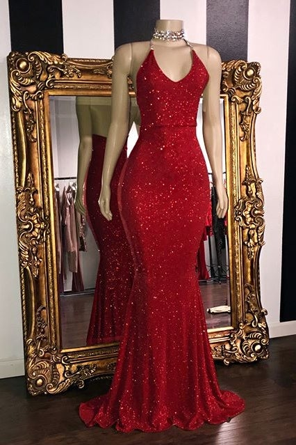 Dresseswow V-Neck Sleeveless Red Mermaid Prom Dress With Seuqins