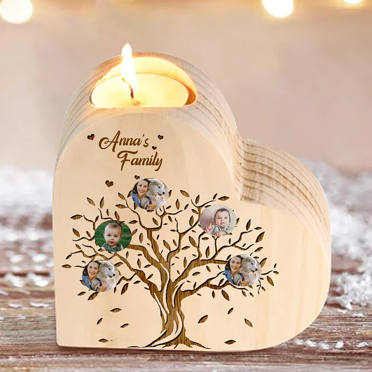 Family Photo Wooden Heart Candle Holder Custom 5 Photos Family Tree Candlesticks