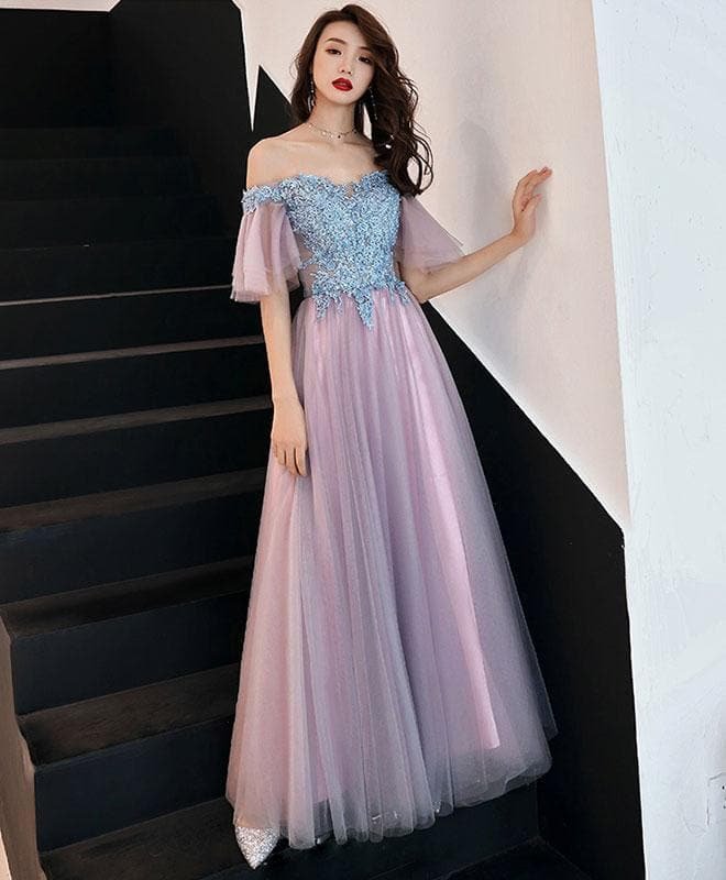 Pink Tulle Lace Long Prom Dress, Pink Tulle Lace Bridesmaid Dress