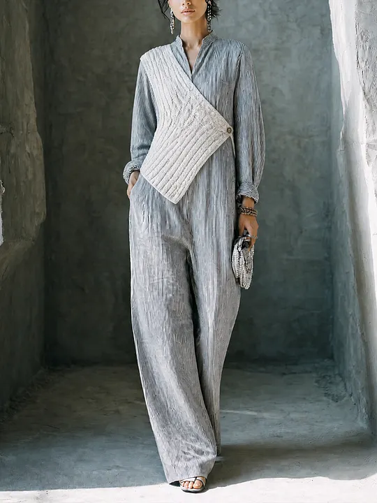 Women's Layered Knit Casual Linen Blend Stand Collar Wide Leg Jumpsuit MD