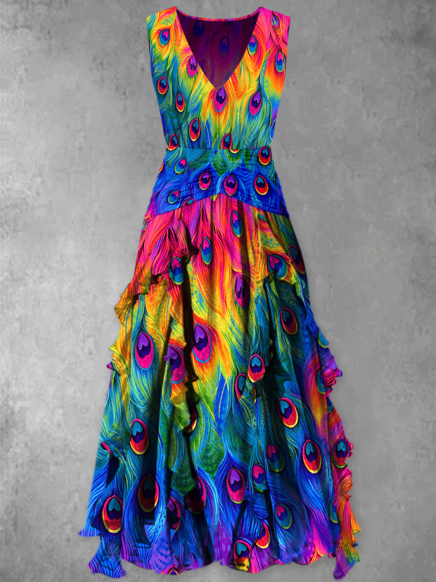 Peacock Feather Print Vintage Chic Short Sleeve Midi Dress main image 0