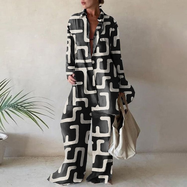 VChics Casual Geometric Tunic & Loose Pants Two-piece Set