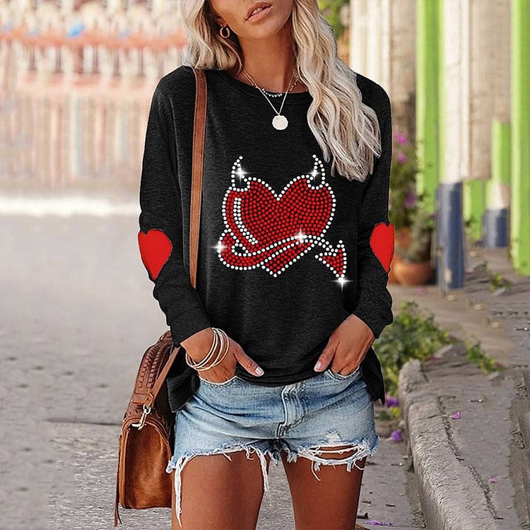 Comstylish Women's Valentine's Day Little Devil Love Bling Hot Diamond Printed Sweatshirt