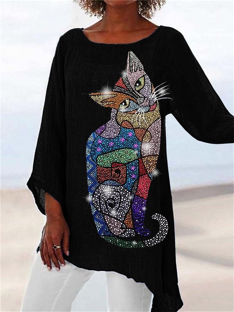 Comstylish Cat Colorblock Glitter Line Art Flowy Tunic