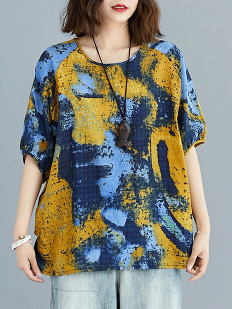 Women Plaid Floral Print O neck Half Sleeves Casual T Shirt P1778498