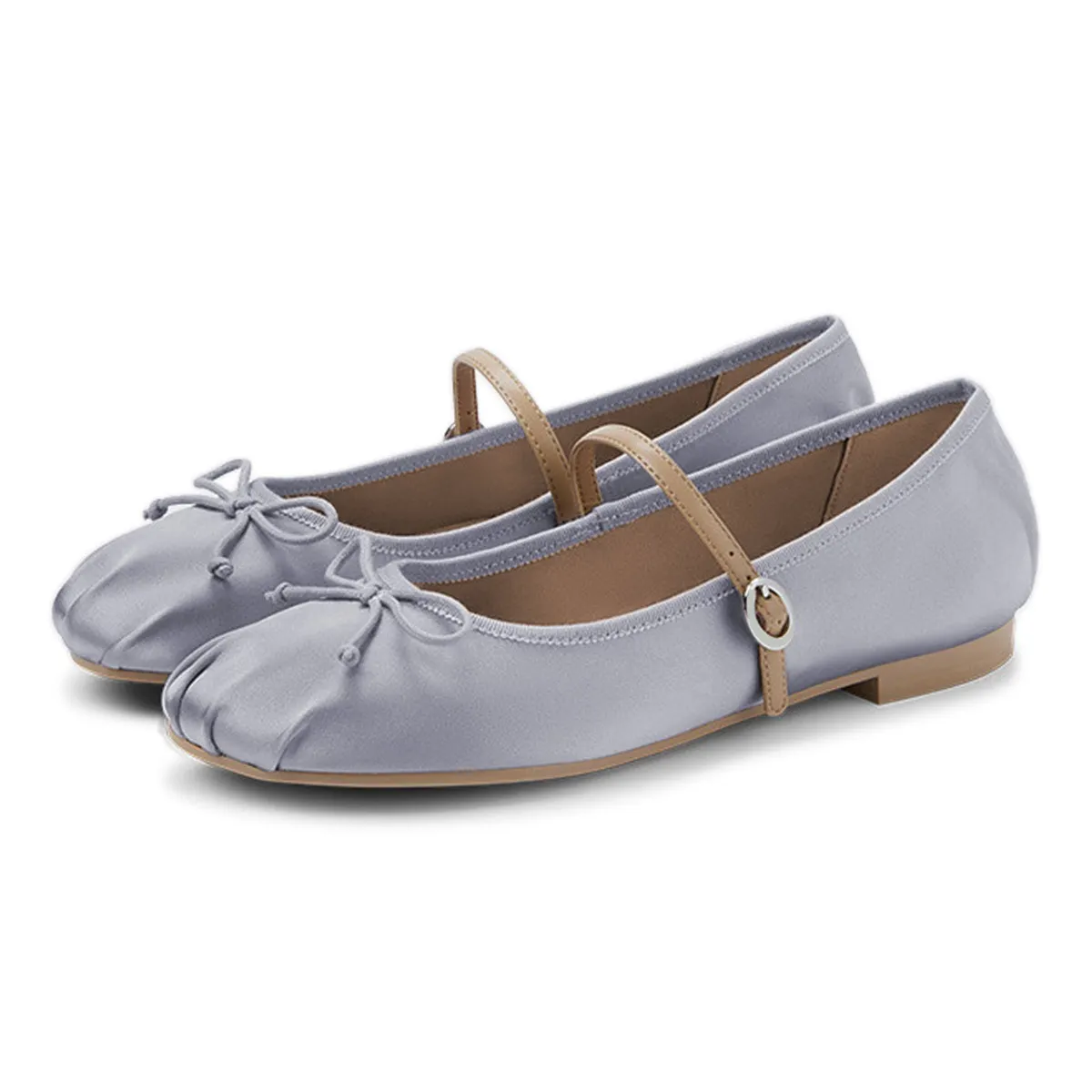 Gray Satin Round Toe Bow Decor Buckle Strap Classic Ballet Flats