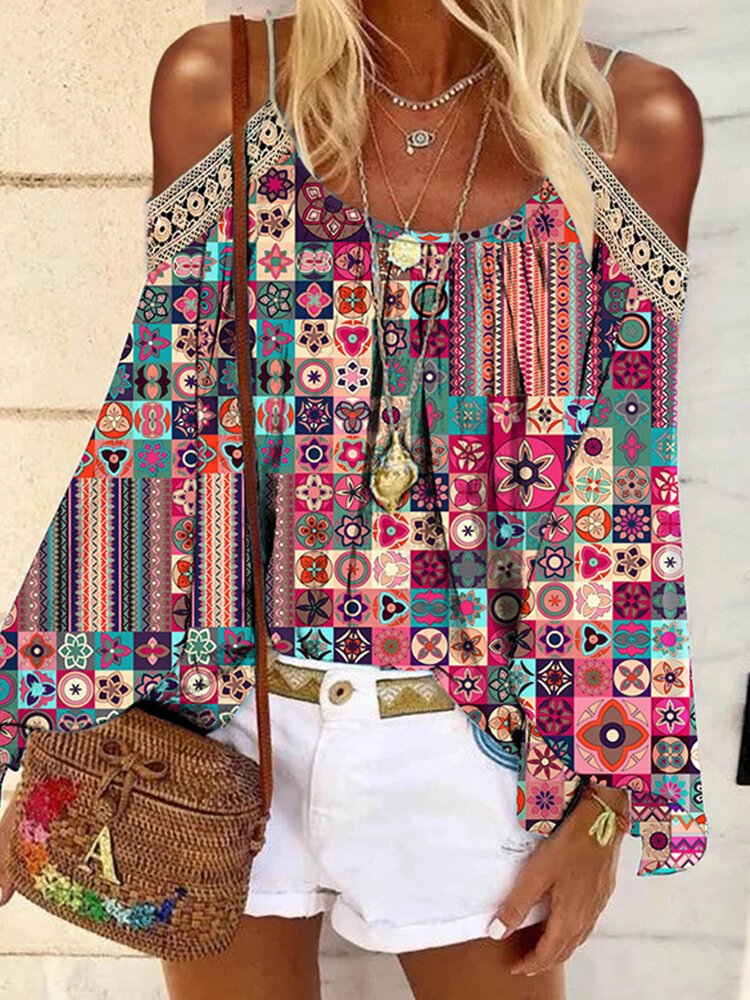 Bohemian Print Cold Shoulder Long Sleeve Blouse For Women P1689489