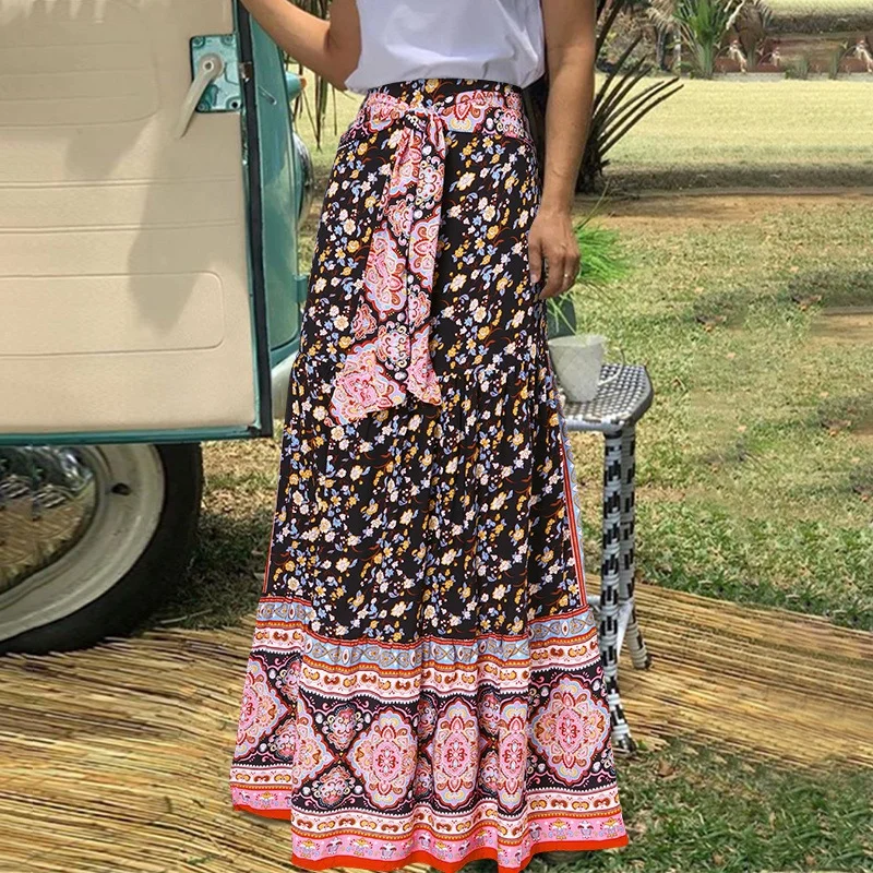 Printed Casual Large Swing Bow Loose Pleated Bohemian Skirt