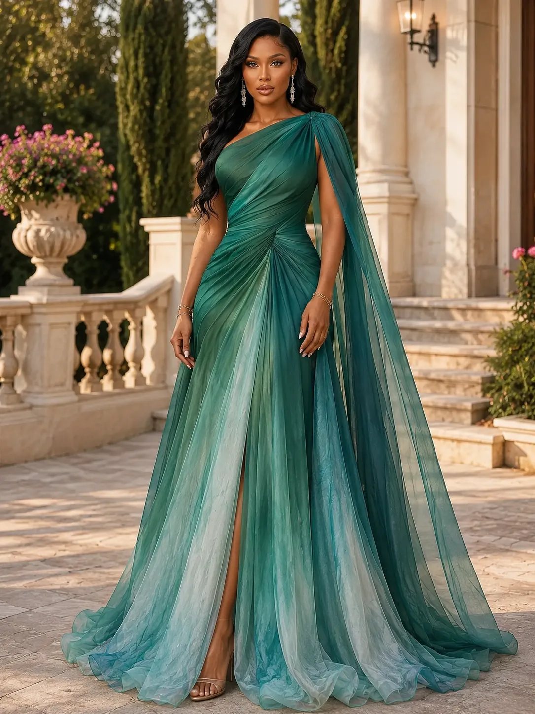 Ombre Oblique Collar Long Streamer Ruched Maxi Dresses