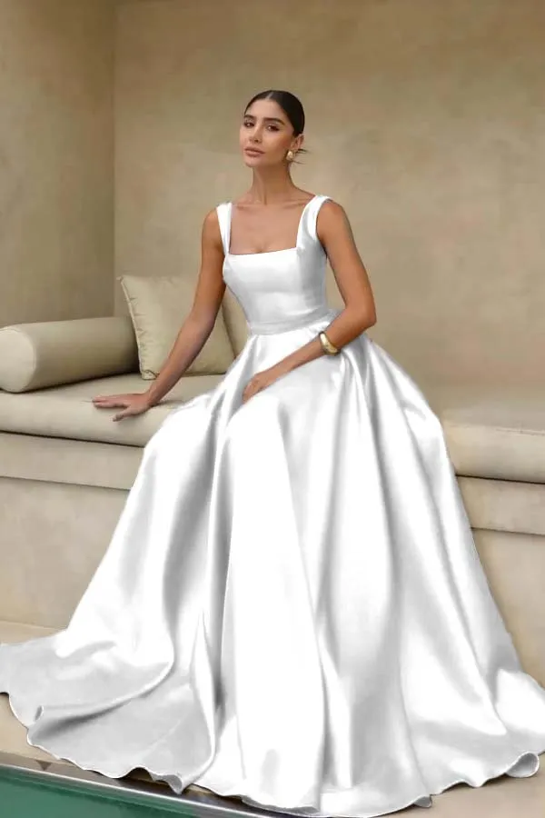 Lussooy Royal Blue Wide Shoulder Straps Elegant Square Neck A-Line Prom Dress