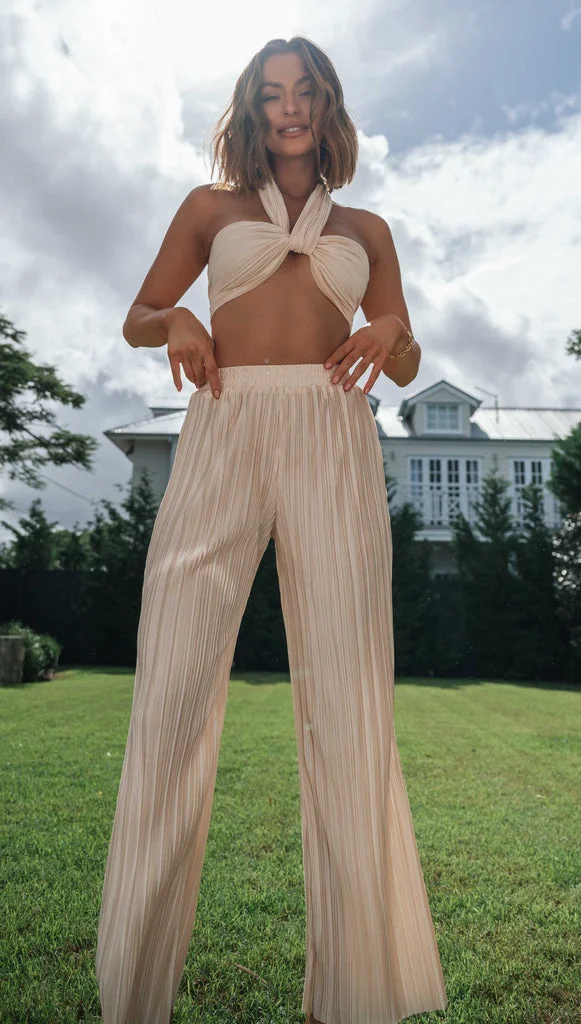 Two Piece Pleated Halter Pant Set
