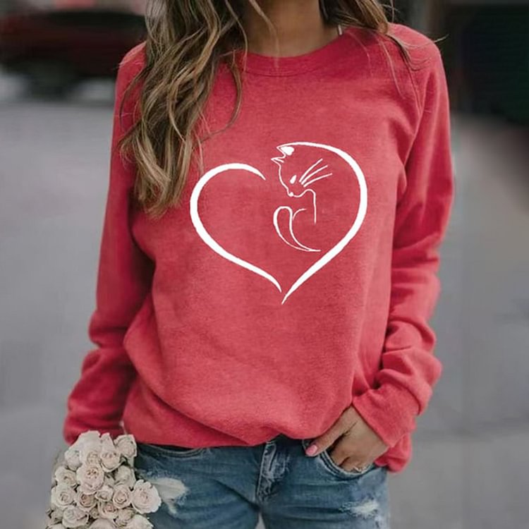 Comstylish Cat Print Simple Casual Long Sleeve Sweatshirt