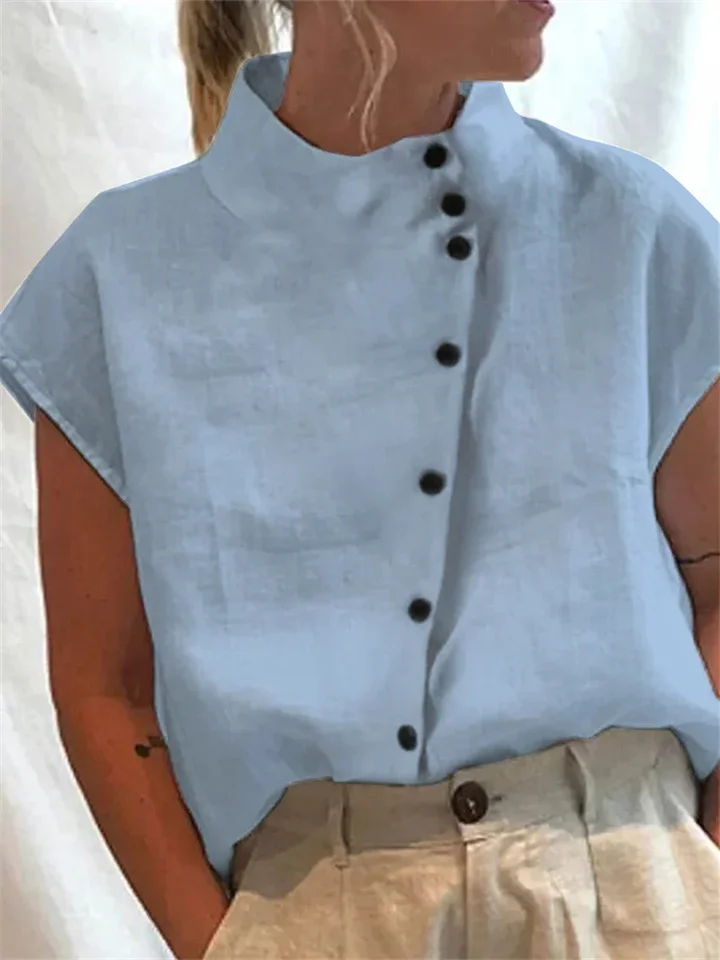Ms. New Button Cotton Linen Stand-up Collar Casual Shirt Women Comfortable Short-sleeved Solid Color Shirt