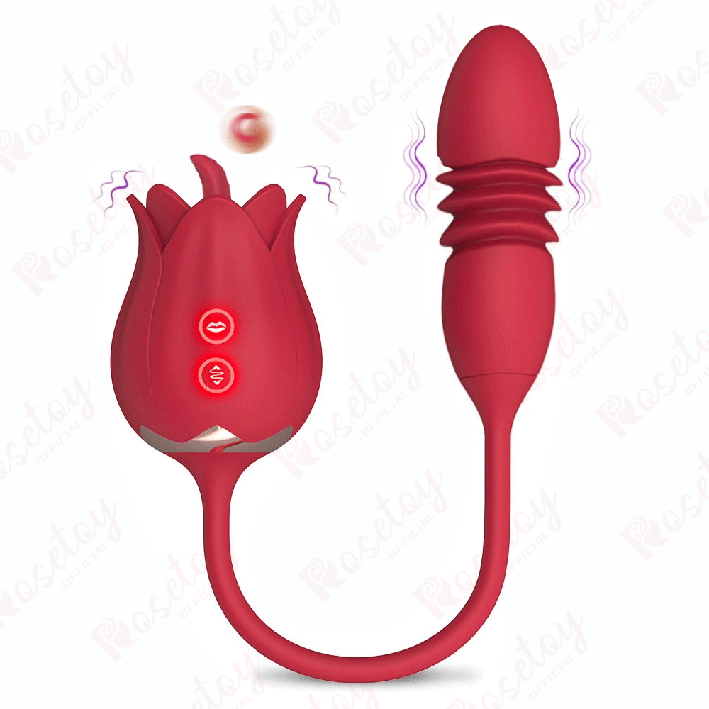 Wholesale 3 In 1 Tongue Clit Licking Flower Toy With Thrusting Vibrator - Rose Toy