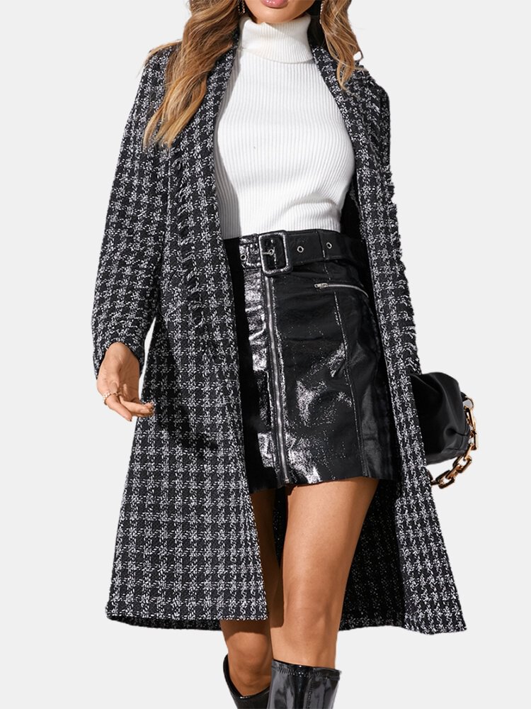 Women Plaid Print Lapel Collar Long Sleeve Casual Coat - BlackFridayBuys