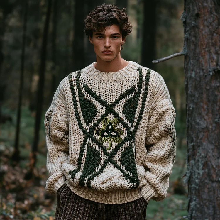 Men's Irish Celtic Knotted Shamrock Knit Jacquard Sweater