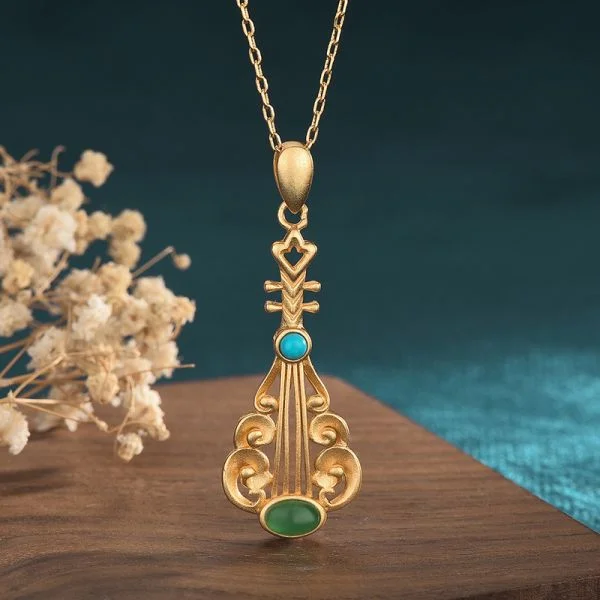 Cyan Jade Imitation Pipa Pendant Necklace