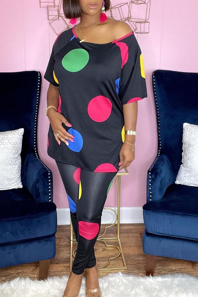 Casual Print Polka Dot Split Joint Slit O Neck Half Sleeve Two Pieces - Shop Trendy Women's Clothing | LoverChic