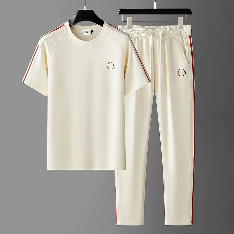 Men's Casual Embroidery T-shirts & Straight Leg Pants 2 Pcs Set