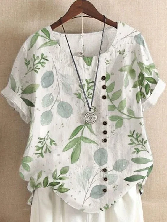 Vintage Cotton Linen Flora Print Loose Casual Short Sleeve T-Shirt Top