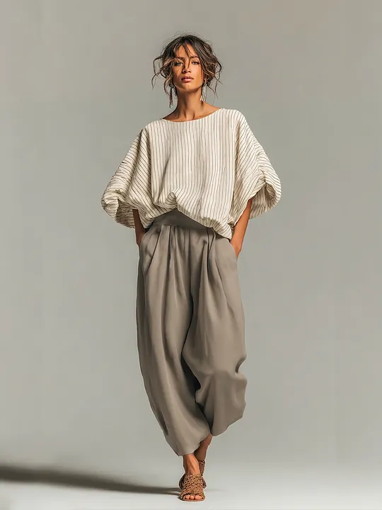 Women's Beige Pinstripe Woven Co-Ord With Loose Boat Neck Bubble Sleeve Top & High Waist Baggy Gray Side Pocket Trousers, Modern Effortless-Chic Daily Two-Piece Set MD