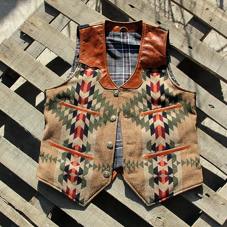 TIMSMEN Vintage Western Navajo Style Leather Vest