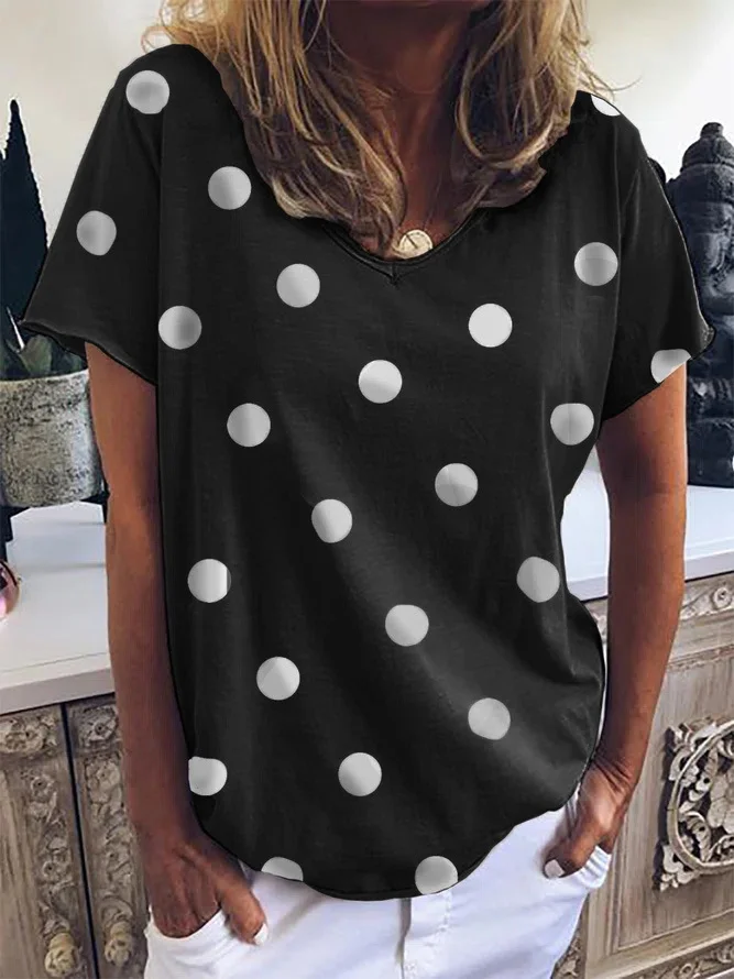  Plus Size Summer New Polka Dot Printed V-neck Loose Short-Sleeved Casual T-shirt VangoghDress