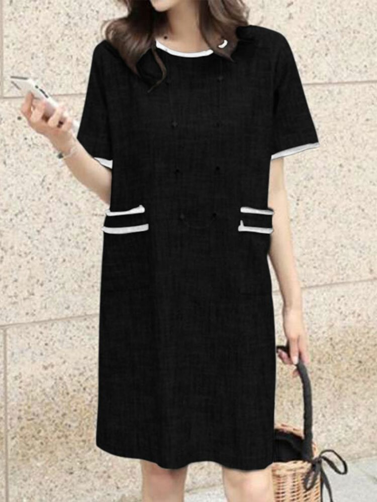 Contrast Color Pocket Short Sleeve Midi Casual Dress