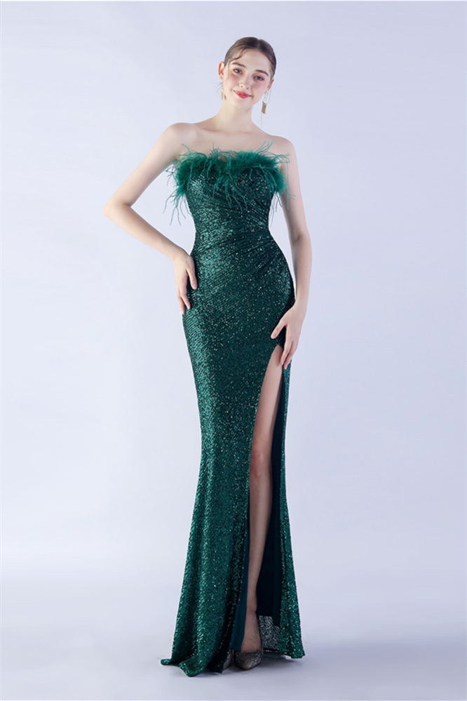 Dresseswow Strapless Mermaid Evening Dress Sequins High Slit With Feather