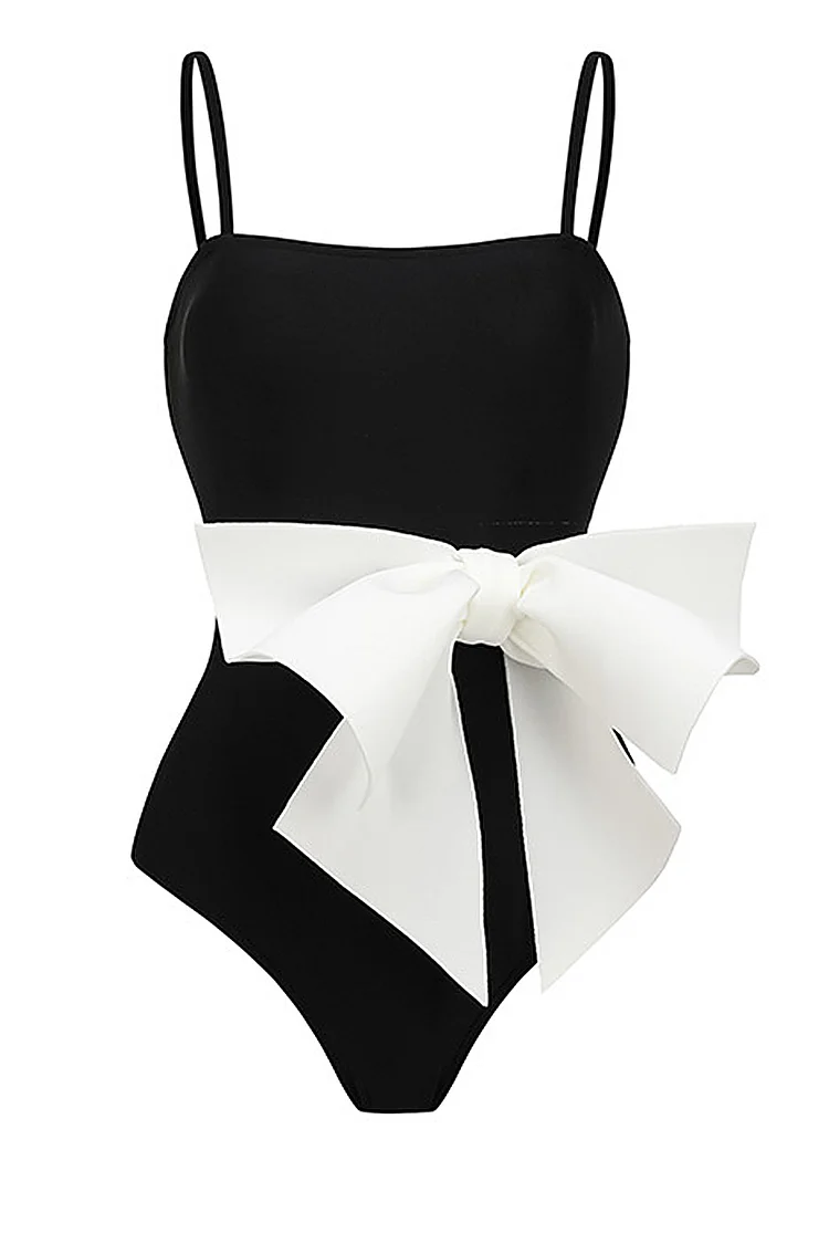 1950s Black Vacation Solid Color White Bow Decor Cami One Piece Swimsuit