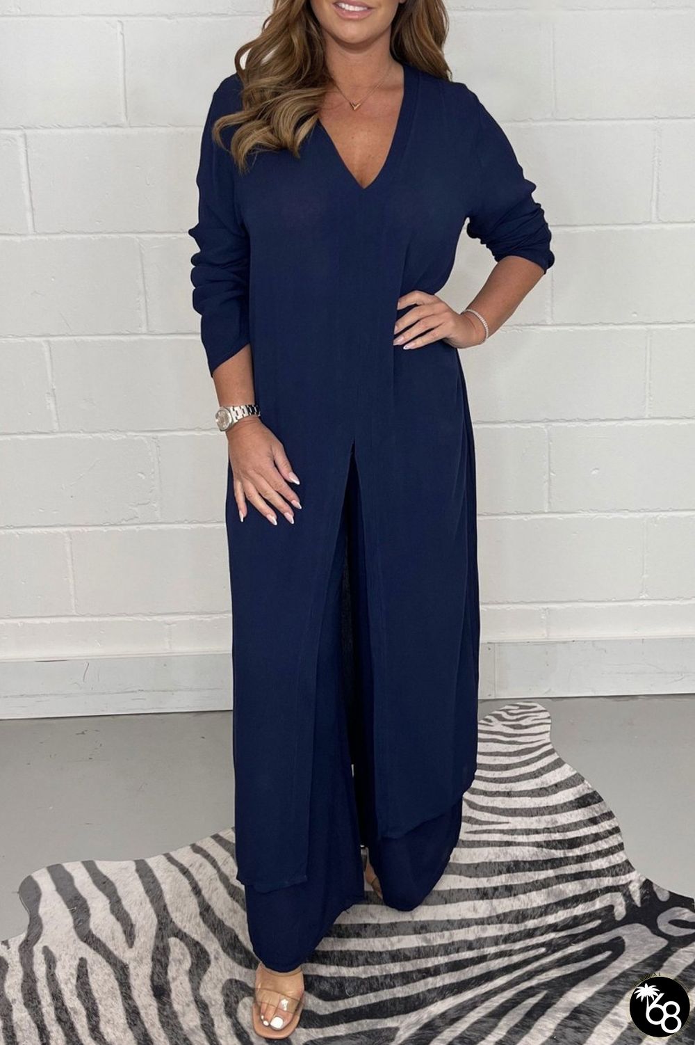 Deep Blue Casual Solid Slit V Neck Long Sleeve Two Pieces | 168DEAL
