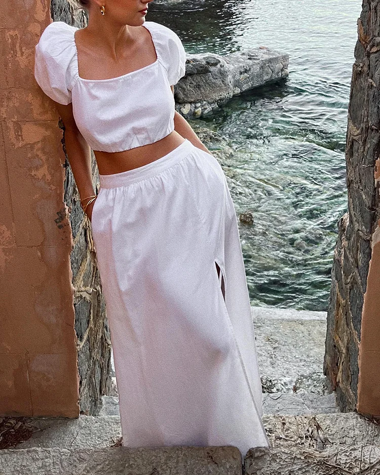 Casual Fashion Short Sleeve Top And Slit Skirt Set