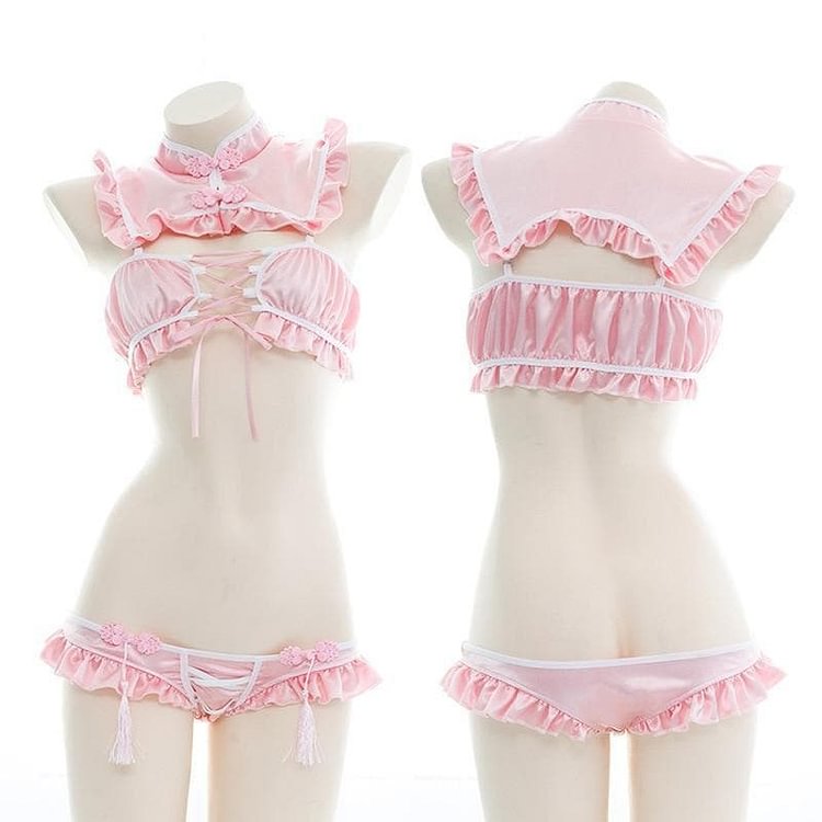 Open Chest Strap Ruffle Retro Sweet Split Chinese Cheongsam Maid Lingerie Set SP15586