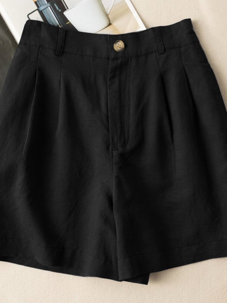 Solid Ruched Pocket Button Elastic Waist Casual Cotton Shorts