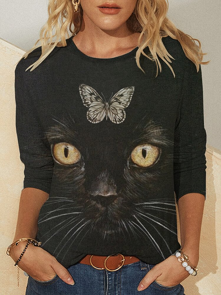 Cat Butterfly Print O neck Long Sleeve T shirt For Women P1787306