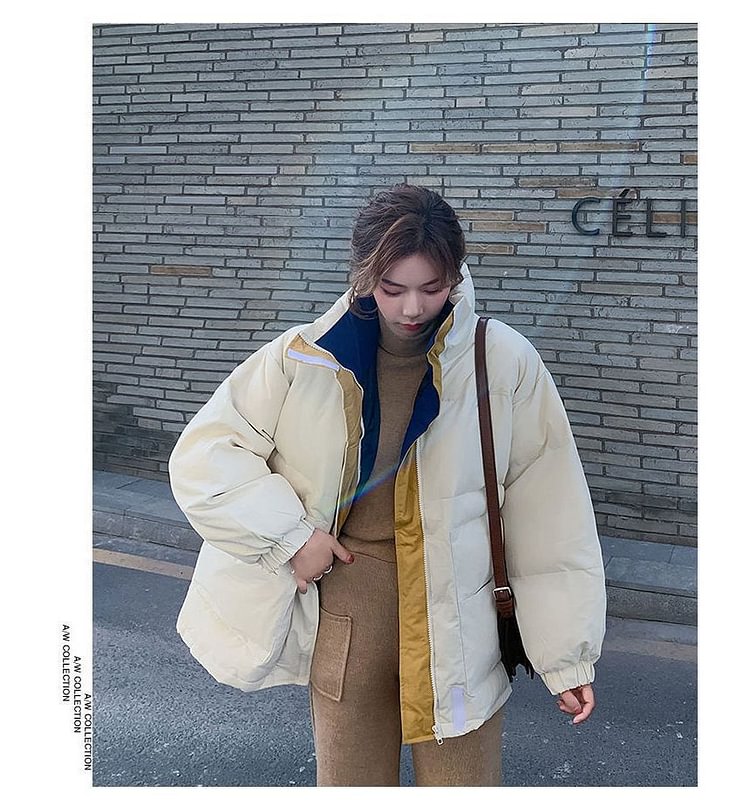 Stand Collar Color Block Zip Puffer Jacket SP18265