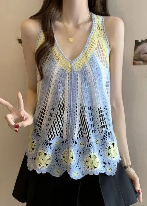 Italian Blue V Neck Hollow Out Knit T Shirt Sleeveless