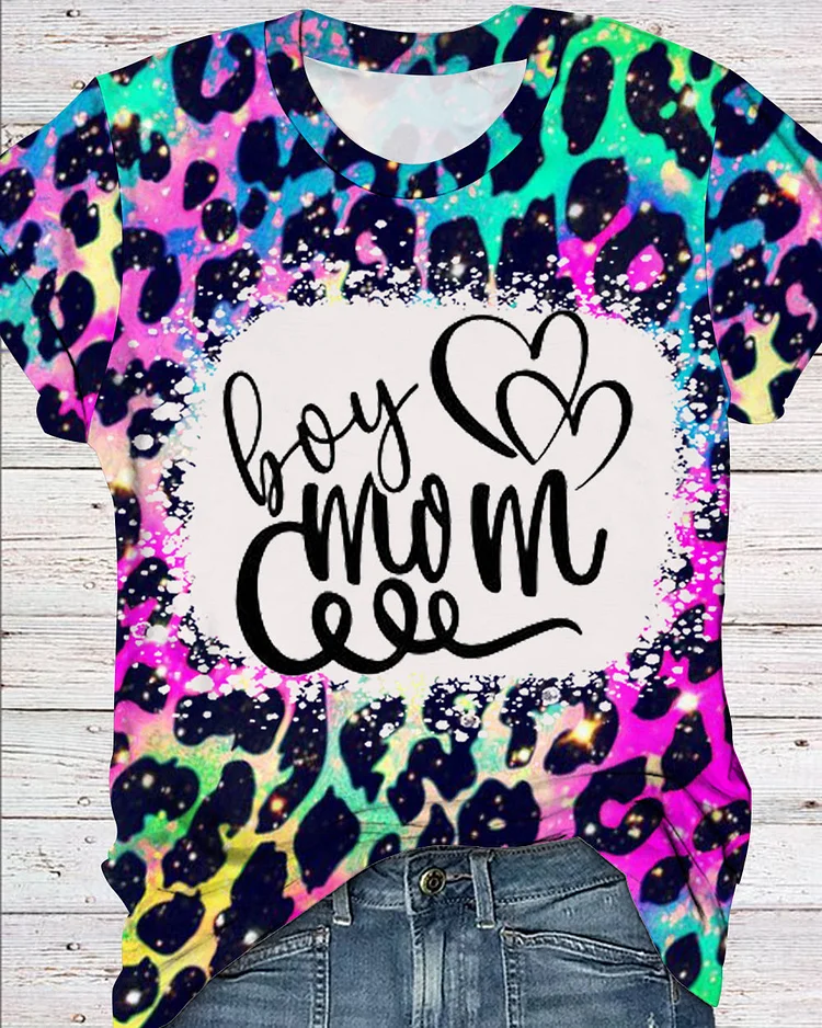 Boy Mom Leopard Round Neck Short Sleeve T-shirt